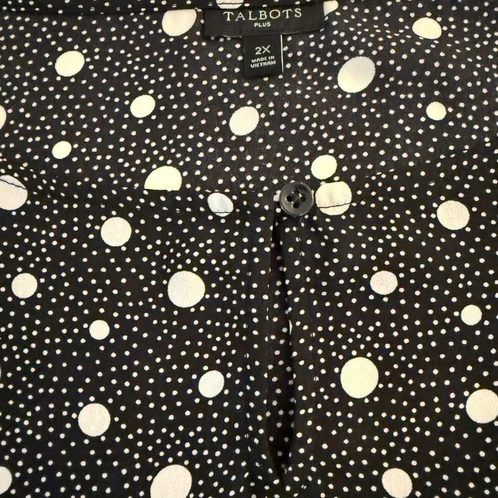 Talbots Womens 2X Black Polka Dot 3/4 Tie Sleeve Keyhole Neck Blouse Classic - Picture 4 of 12